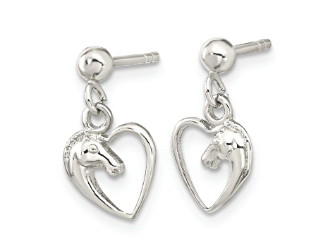 Rhodium Over Sterling Silver Open Heart Horse Head Dangle Earrings