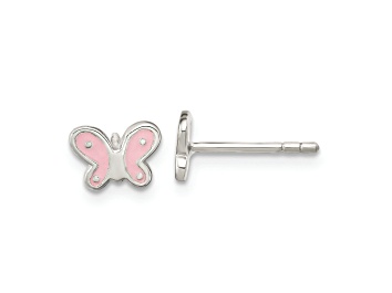 Picture of Rhodium Over Sterling Silver Polish Pink Enamel Butterfly Childs Post Earrings
