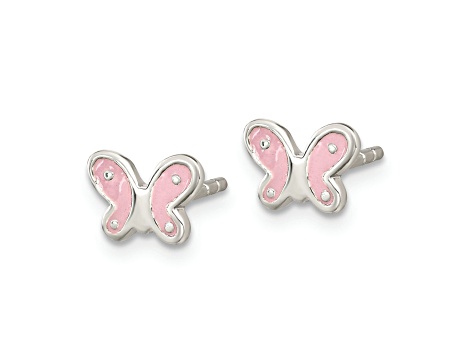 Rhodium Over Sterling Silver Polish Pink Enamel Butterfly Childs Post Earrings