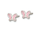 Rhodium Over Sterling Silver Polish Pink Enamel Butterfly Childs Post Earrings
