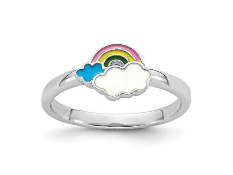 Rhodium Over Sterling Silver Multi-color Enameled Rainbow Children's Ring