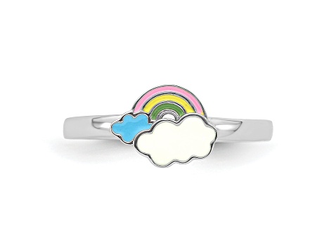 Rhodium Over Sterling Silver Multi-color Enameled Rainbow Children's Ring