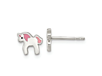 Picture of Rhodium Over Sterling Silver Multicolor Enamel Unicorn Childs Post Earrings
