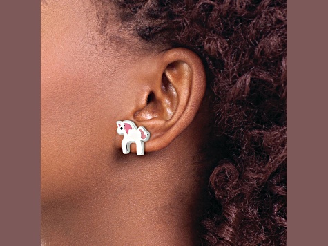 Rhodium Over Sterling Silver Multicolor Enamel Unicorn Childs Post Earrings