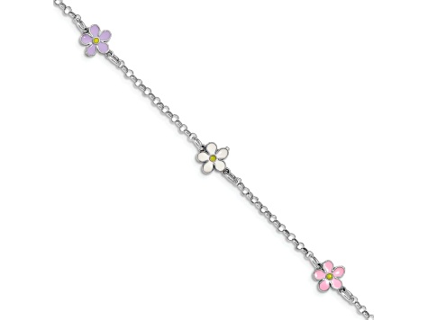 Rhodium Over Sterling Silver  Enamel Flower with 0.75-inch Extension Children's Bracelet