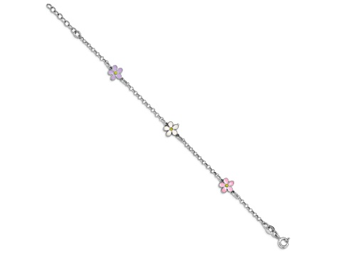 Rhodium Over Sterling Silver  Enamel Flower with 0.75-inch Extension Children's Bracelet