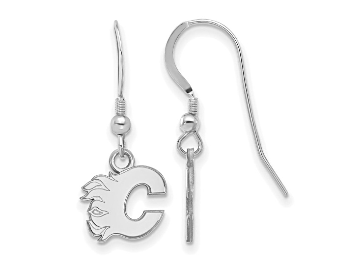 Rhodium Over Sterling Silver NHL Calgary Flames LogoArt Dangle Earrings