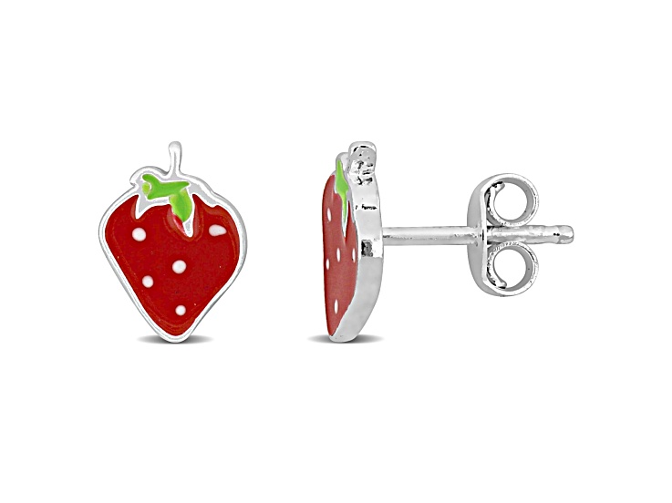 Children's Red and Green Enamel Strawberry Stud Earrings in Sterling Silver