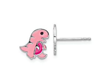 Picture of Rhodium Over Sterling Silver Pink Enamel Dinosaur Children's Post Earrings