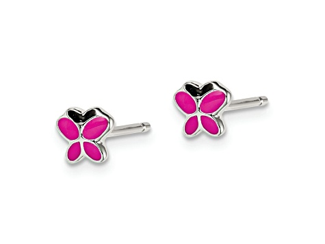 Rhodium Over Sterling Silver Pink/Black Enamel Butterfly Childs Post Earrings