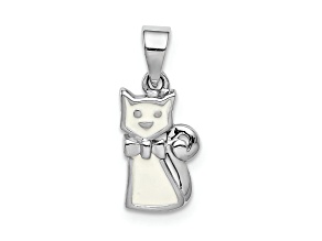 Rhodium Over Sterling Silver Polished White Enameled Cat Children's Pendant