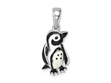 Picture of Rhodium Over Sterling Silver Polished Enamel Penguin Pendant