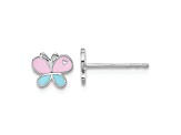 Rhodium Over Sterling Silver Blue/Pink Enamel Butterfly Children's Post Earrings