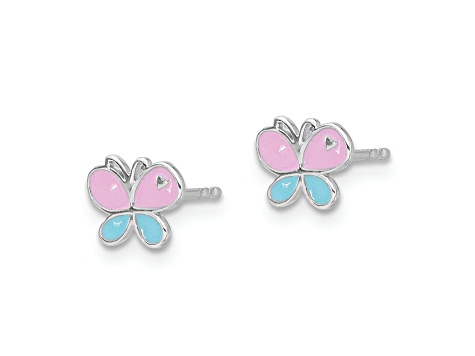 Rhodium Over Sterling Silver Blue/Pink Enamel Butterfly Children's Post Earrings