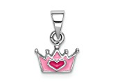Rhodium Over Sterling Silver Pink Enameled Heart Crown Children's Pendant