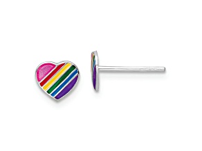 Rhodium Over Sterling Silver Rainbow Enamel Heart Children's Post Earrings