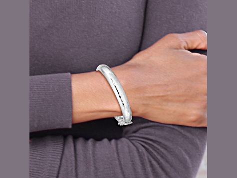 Rhodium Over Sterling Silver Diamond-cut 10.25mm Hinged