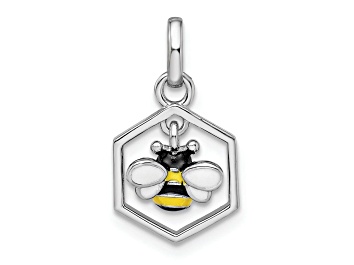 Picture of Rhodium Over Sterling Silver Polished Enameled Bee in Hive Children's Pendant