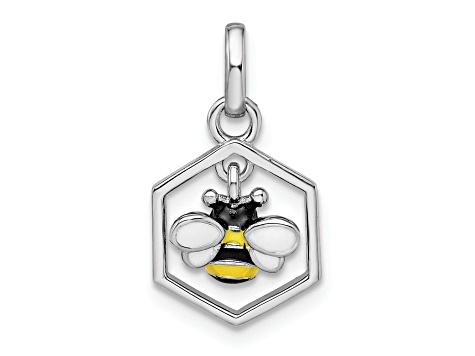 Rhodium Over Sterling Silver Polished Enameled Bee in Hive Children's Pendant
