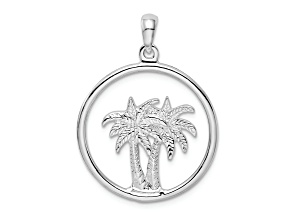 Rhodium Over Sterling Silver Polished Double Palm Tree Circle Pendant