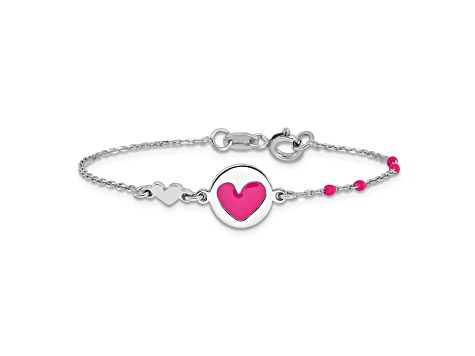 Sterling Silver Polished Pink Enamel Heart Children's 6in Bracelet