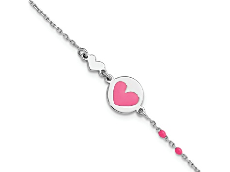 Sterling Silver Polished Pink Enamel Heart Children's 6in Bracelet