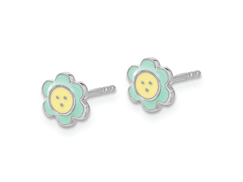 Rhodium Over Sterling Silver Enamel Flower Children's Post Earrings