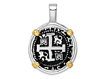 Picture of Rhodium Over Sterling Silver Antiqued Gold-tone Ship Coin Pendant