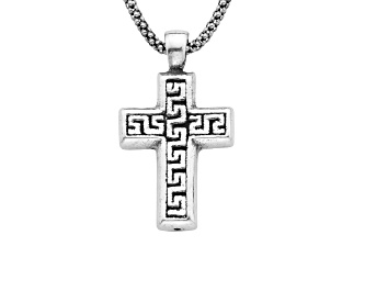 Picture of Sterling Silver 17x30mm Greek Key Cross Necklace, 18”