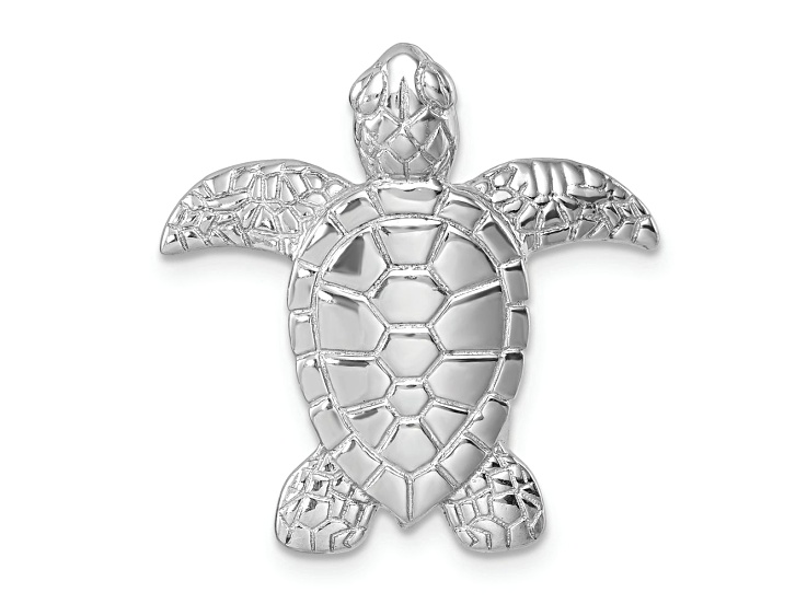 Rhodium Over Sterling Silver Polished and Textured Turtle Chain Slide Pendant
