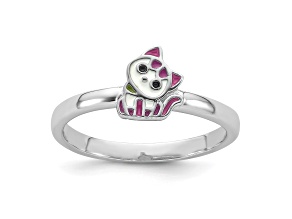 Rhodium Over Sterling Silver Multi-color Enameled Cat Children's Ring