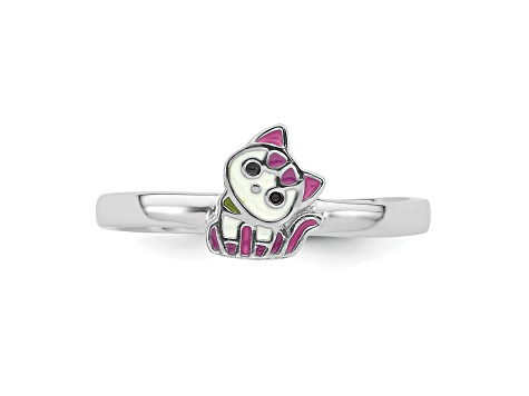 Rhodium Over Sterling Silver Multi-color Enameled Cat Children's Ring