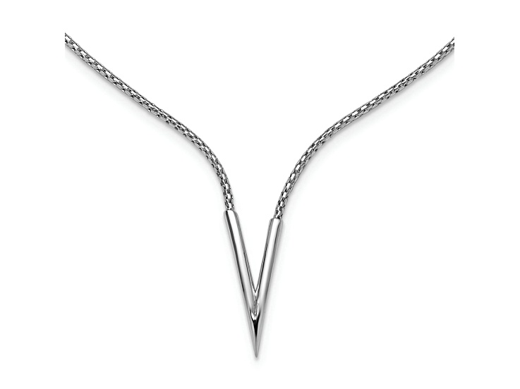 Rhodium Over Sterling Silver Polished V Pendant Fancy Link 16 Inch Necklace