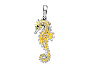 Rhodium Over Sterling Silver 3D Enameled Yellow Seahorse Pendant