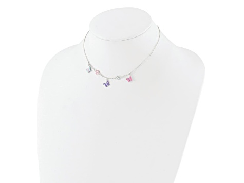 Sterling Silver Polished Enameled Floral and Butterfly Children's Necklace
