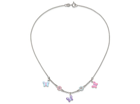 Sterling Silver Polished Enameled Floral and Butterfly Children's Necklace