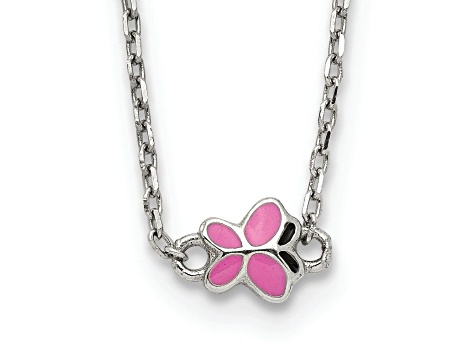 Rhodium Over Sterling Silver Pink Enamel Butterfly with 2-inch Extension Childs Necklace