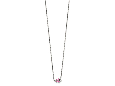Rhodium Over Sterling Silver Pink Enamel Butterfly with 2-inch Extension Childs Necklace