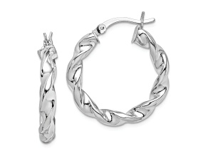 Rhodium Over Sterling Silver Twisted 3.5x25mm Hoop Earrings