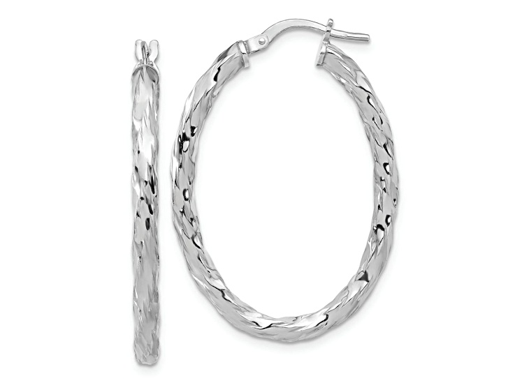 Rhodium Over Sterling Silver Polished and Textured Twisted Oval Hoop Earrings