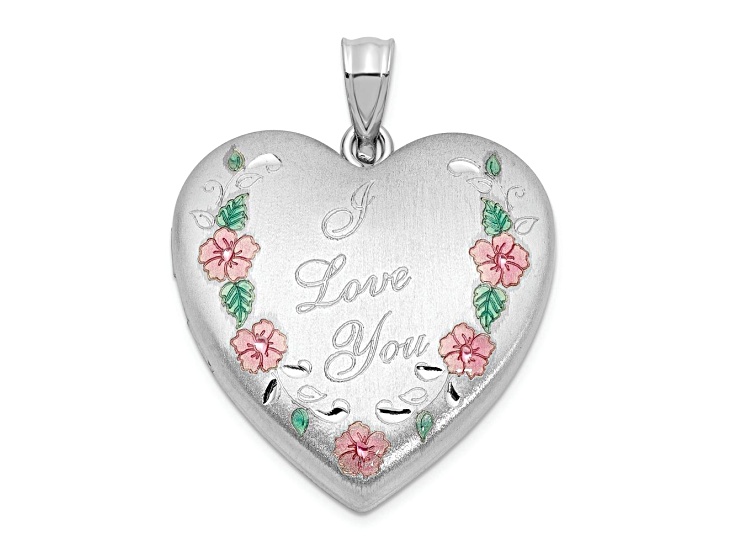 Rhodium Over Sterling Silver Satin Epoxy I Love You Floral 24mm Heart Locket Pendant