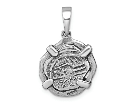 Rhodium Over Sterling Silver Polished and Antiqued Medieval Coin Pendant