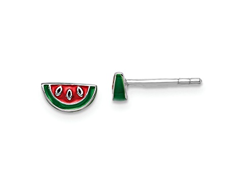 Rhodium Over Sterling Silver  Enamel Watermelon Childs Post Earrings