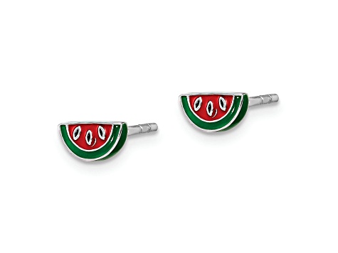 Rhodium Over Sterling Silver  Enamel Watermelon Childs Post Earrings