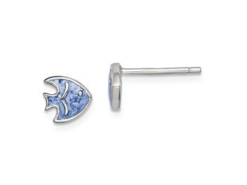 Picture of Rhodium Over Sterling Silver Blue Enamel Fish Childs Post Earrings