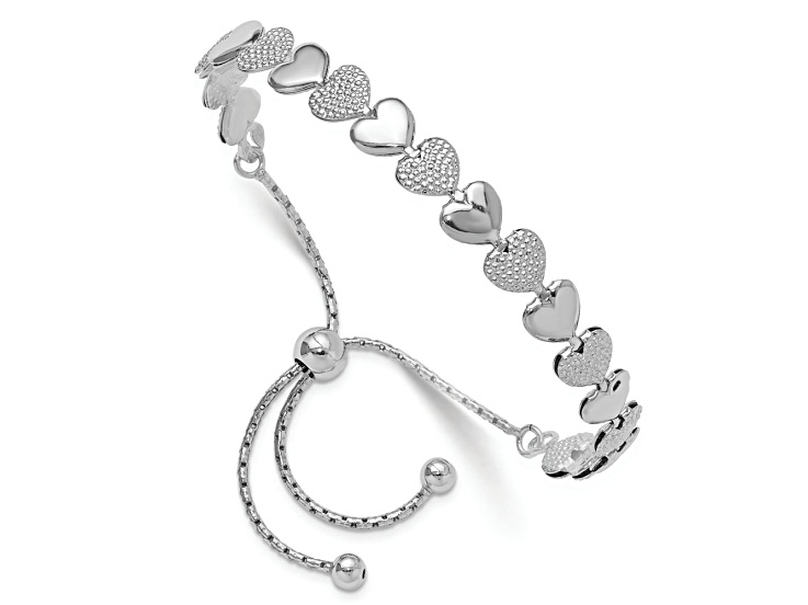 Rhodium Over Sterling Silver Adjustable Bolo Hearts Bracelet