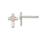 Rhodium Over Sterling Silver Cross Pink Enamel Heart Post Earrings