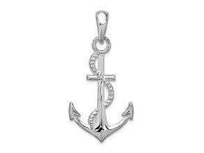 Rhodium Over Sterling Silver Polished 3D Anchor and Rope Pendant