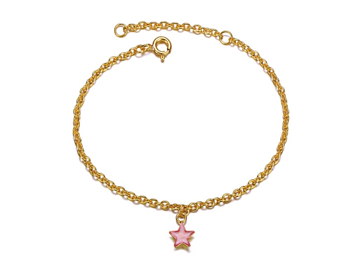 14K Gold Plated over Sterling Silver with Pink Enamel Lucky Star Drop Charm Bracelet for Teens