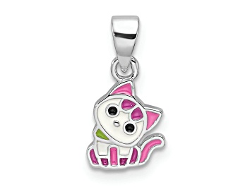 Picture of Rhodium Over Sterling Silver Multi-color Enameled Cat Children's Pendant